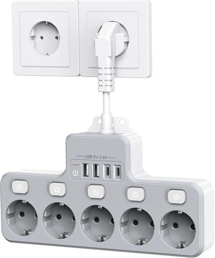 Priz Bağımsız Anahtar 5 Soket ve 4 USB şarj Cihazıyla,Anahtarlı Akım Korumalı Çoklu Priz,5lü çoklayıcı Duvar Prizi Topraklı Çoklu fiş Grup Priz Adaptörü 0,1m Kablo,Gri