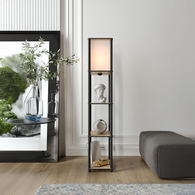 Raflı Lambader Meşe Renkli | Modern 3 Katlı Raflı Ayaklı Aydınlatma Ünitesi | Dekoratif Salon, Yatak Odası, Ofis Lambaderi | E27 Duy Uyumlu Şık Tasarım | Kitaplık ve Işık Bir Arada - Görsel 4