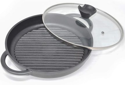 Kitchen Izgara Tavası, İndüksiyon, Cam Kapaklı 27 cm - Alüminyum Döküm Yapışmaz - Tava Izgara Biftek Tavası Kızartma Tavası PFOA İçermez