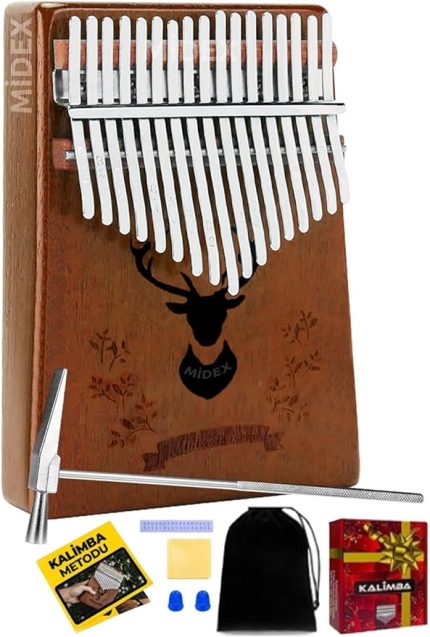 KLX-880 Hakiki Ağaç Kalimba Geyik Desenli Ahşap Full Set 17 Çelik Tuşlu