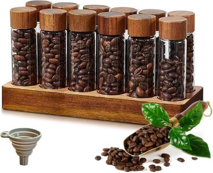 Tek Doz Kahve Çekirdeği Depolama 12 Tüp Çok Amaçlı Taşınabilir Kahve Çekirdeği Kabı Mahzeni Ceviz Ahşap Sergileme Standı ve Huni 2oz