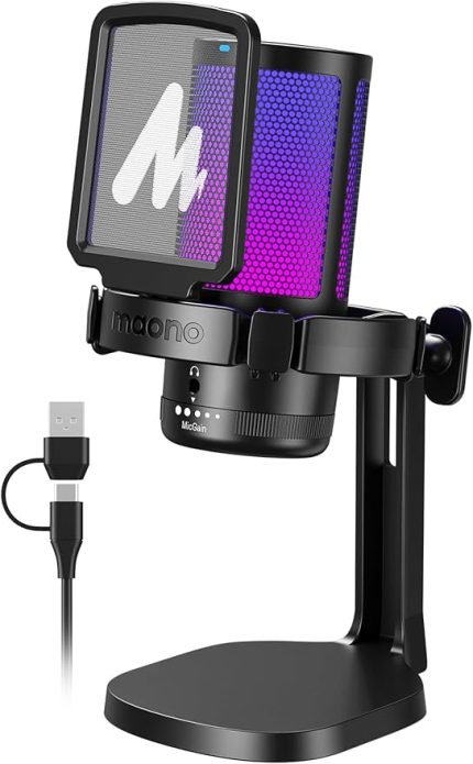 PC için USB Mikrofon, Sessiz Düğmeli RGB Oyun Mikrofonu, Gürültü Önleyici Kondenser Mikrofon, Akış, Podcast, Kayıt, Sohbet için Kazanç Topuzlu PS5/PS4/Mac, DGM20 ile Uyumlu