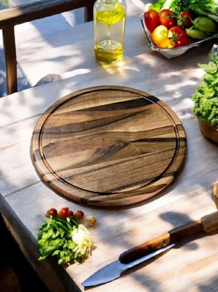 WoodArt Ceviz Ağacı 34 Cm Oluklu Yuvarlak Rustik Doğal Ahşap Kanallı Pizza Sunum Doğrama Kesme Tahtası