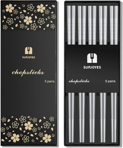 5 Çift Paslanmaz Çelik Yemek Çubuğu, Tekrar Kullanılabilir Yemek Çubuğu, Bulaşık Makinesinde Yıkanabilir Metal Yemek Çubuğu, Japon Çubuğu, Hediye Seti, Mat