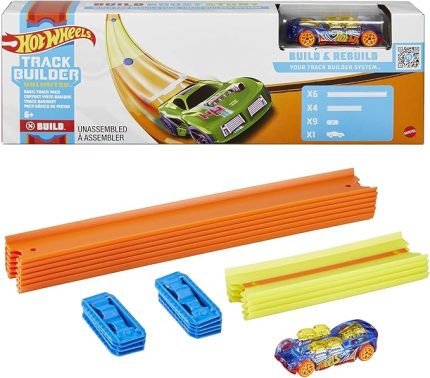 Wheels Track Builder Temel Pist Seti, 10 Adet Pist Parçası, 9 Adet Pist Bağlantı Parçası ve Bir Adet 1:64 Ölçekli Hot Wheels Araba İçeren Eklenebilir Pist Inşasına Başlangıç Seti, 6 Yaş ve Üzeri