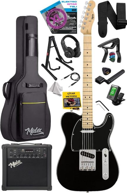 TLX-50BK-25AMP Tele Kasa Maple Klavye 2 Single-Coil 25W Amfili Elektro Gitar