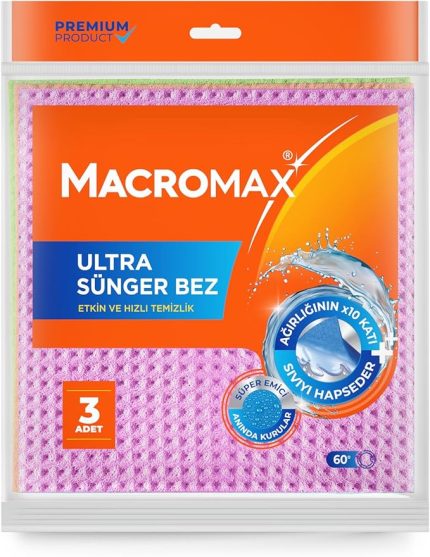 Ultra Sünger Bez 3'lü Paket, Ağırlığının 10 Katı Su Emen Yüksek Performanslı Mutfak Bezi