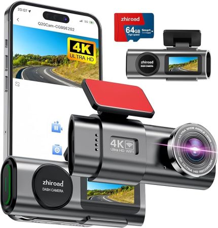 Cam 4K UHD Ön Dashcam 64GB SD Kart ile 2160P WiFi Araç Kamerası, Akıllı Uygulama Kontrolü, WDR, Gece Görüşü, Park Modu, G-Sensörü, Döngü Kaydı, Maksimum 256GB Desteği