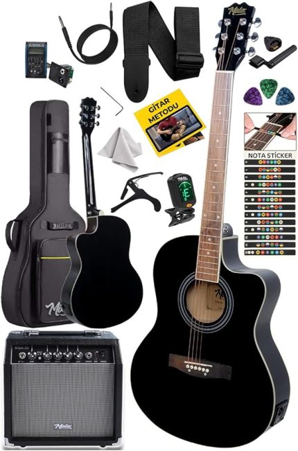 XC-300XBK-AMP Profesyonel AMFİLİ Siyah Elektro Akustik Gitar (Amfi Gigbag Çanta Tuner Capo Askı Jak Kablo Pena)