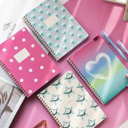 A5 Spiralli Karton Kapak 4'lü Set Çizgili Okul Defteri 80 yaprak - Ders Programlı Mavi Pembe Yıldız