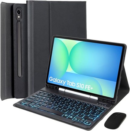 Samsung Galaxy Tab S10 FE+ Plus 13,1 inç 2025 Model (SM-X620/X626), 7 Renkli Aydınlatma, Manyetik Çıkarılabilir Bluetooth Klavye, Kalem Tutucu ve Fare ile İnce Kılıf, Siyah