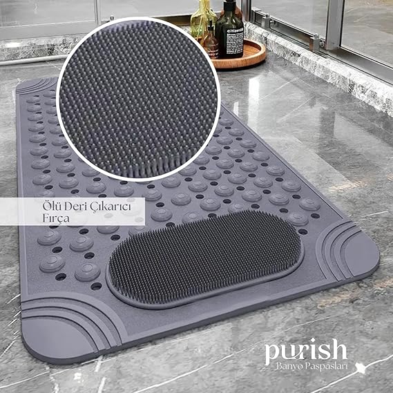 | Kaymaz Banyo Paspası | Antrasit Gri | 69,5x36cm – Dikdörtgen Duş Matı, Küvet Paspası | Güçlü Vantuzlu, Su Tahliyeli, Masaj, Fırçalı | Makinede Yıkanabilir | Kaydırmaz Zemin Matı - Görsel 4
