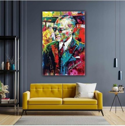 Yağlı Boya Efektli Mustafa Kemal Atatürk Portresi Karizma Gözlük Soyut Kanvas Tablo Beyaz 60 x 90