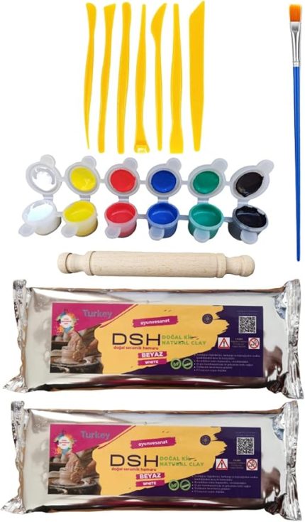 Doğal Seramik Hamuru 2li Seramik Başlangıç Seti 6-7li Ebeşuar,2 Adet 1000 Gr Kil Hamuru ve 6'lı Boya ve Fırça ve Merdane beyaz