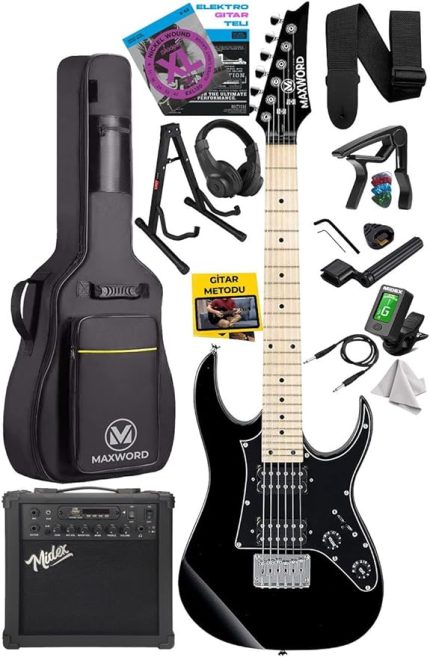 DE-150BK-25AMP Maple Klavye HH Yüksek Kaliteli 25W Amfili Elektro Gitar Seti