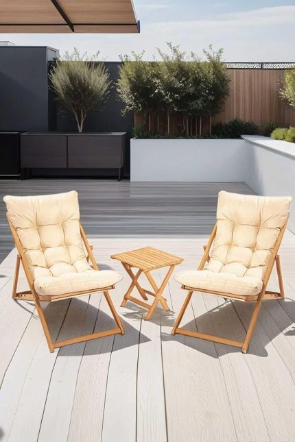Flex 2'li Ahşap Puf Minderli Bahçe, Balkon, Teras ve Plaj Katlanır Şezlong Set Bistro