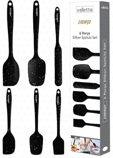 Drongo Isıya Dayanıklı Yanmaz Yapışmaz Silikon Spatula Seti 6 Parça Siyah Noktalı