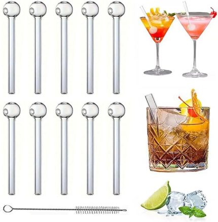10 Adet Top Uçlu Cam Pipet, 2 Temizleme Fırçalı Yeniden Kullanılabilir Cam Pipet, Şeffaf Kısa Cam Pipet, Kokteyl İçecekleri, Meyve Suyu için (8 mm)