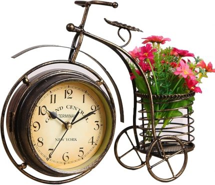 Vintage Metal Rustik Bisiklet Saati, Bisiklet Şekilli Çift Taraflı Masa Dekoratif Saat, Sepetli Ev, Oturma Odası için