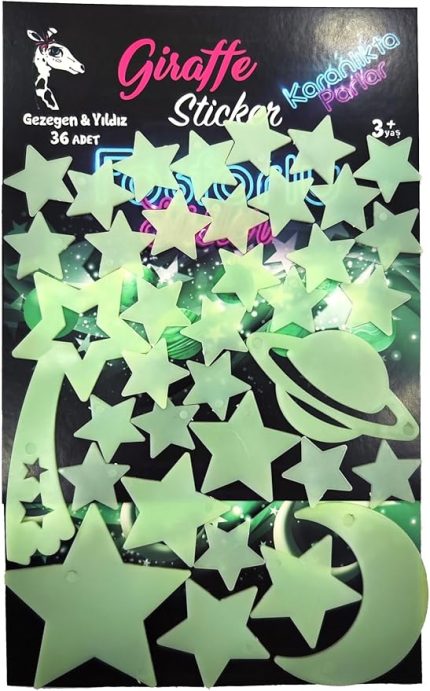 Sticker Karanlıkta Parlayan Fosforlu Ay ve Yıldız Tasarımlı Dekoratif (36 Adet Gezegen Yıldız)