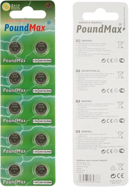 Adet LR44 AG13 A76, G13, L1154, SR44, G13A 1,5 V PoundMax Alkalin Düğme Pil Paketi Cıva içermeyen, sızdırmaz, uzun raf ömrü, oyuncaklar, ölçüm cihazları ve hesap makineleri için ile uyumludur