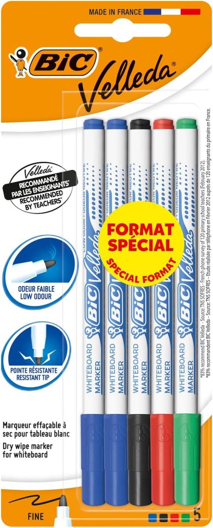 Velleda 1721 Çocuk Beyaz Tahta Kalemi 5'li Blister, Mavi, Siyah,Kırmızı ve Yeşil Renk, Kolay Silinebilir