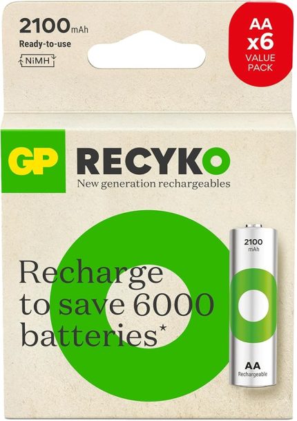 Batteries ReCyko 2100 AA Kalem Ni-MH Şarjlı Pil, 1.2 Volt, 6'lı Kart