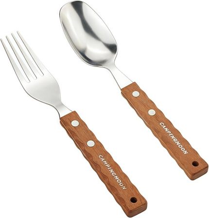 Paslanmaz Çelik Kamp Çatalı ve Kaşık Kombo 2'li Paket Metal Sporks 2'li Set Masif Ahşap Saplı Salata Çatalları Spork Kamp Gereçleri Yürüyüş Sırt Çantası için