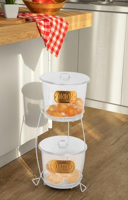 2 Katlı File Çelikten Üretilmiş Standlı Patates Soğan Kovaları, 2'li Metal Patates Soğanlık (Beyaz)