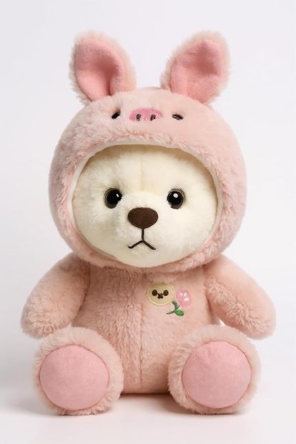 Şapkalı Peluş Ayıcık | Yumuşacık Uyku Arkadaşı, 35 cm, Pembe Renk | Çocuklar İçin Doğum Günü Hediyesi | CE Sertifikalı | Tavşan Kıyafeti Giyen Pufi Ayıcık