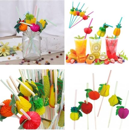 Hawaian Renkli Meyve Şekilli 24 Cm Plastik Körüklü Pipet 20 Adet PC1931
