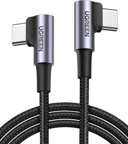 USB-C to USB-C 60W 3A QC PD Çift Tarafı 90 Derece Örgülü Hızlı Şarj Kalosu, 2 Metre, Siyah
