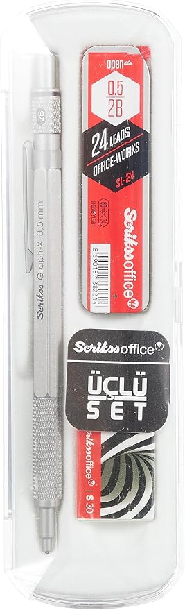Office graphx 3'lü Set Mekanik Kurşun Kalem Silgi Min Kurşun gri 0.5 mm