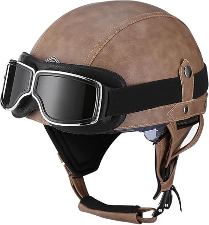 Yüz Kask Motosiklet Kaskı Erkek Kadın Deri Kask Yarım Kask Scooter Kask Cruiser Chopper Pilot Jet Kask Crash Kask DOT ECE Onaylı(G,M=(57~58cm))