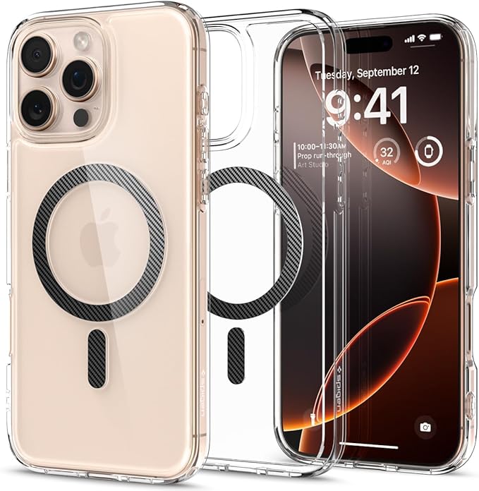 iPhone 16 Pro ile Uyumlu MagSafe Kılıf Ultra Hybrid Mag Fit Sararmaya Dayanıklı Karbon Fiber Şeffaf Kapak - ACS08131 (Spigen TR Garantili)