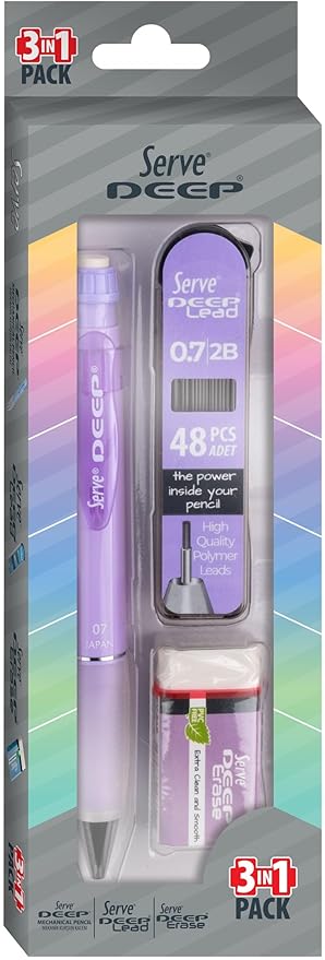 Deep Versatil Kalem, Silgi ve Kalem Ucu 0,7mm 3'lü Set - Lavanta