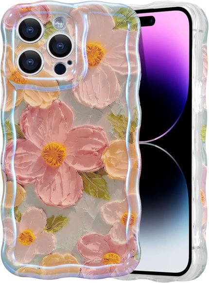 iPhone 13 Pro Max için cep telefonu kılıfı, renkli, vintage, yağlı boya, çiçek cep telefonu kılıfı, parıltılı kılıf, kıvırcık dalgalar, çerçeve şekli, yumuşak TPU kılıf, ultra ince silikon