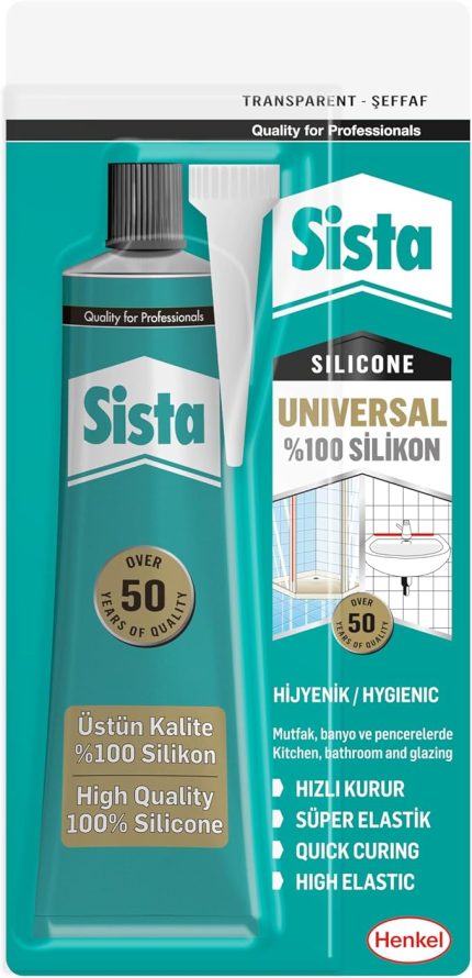Universal Silikon, Üstün kalite%100 Şeffaf Silikon, Mutfak, Banyo ve Pencereler İçin Hızlı Kuruyan Dolgu Macunu, Sararma ve Küflenme Yapmaz, 50 gr Tüp