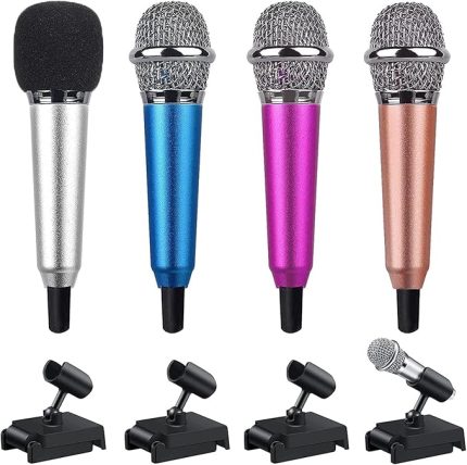 4 adet mini mikrofon, mikro Karaoke mikrofonu, KTV taşınabilir enstrüman mikrofonu, stantlı, cep telefonu, dizüstü bilgisayar, şarkı söyleme, kayıt için, 4 ayaklı ve sünger kovanlı