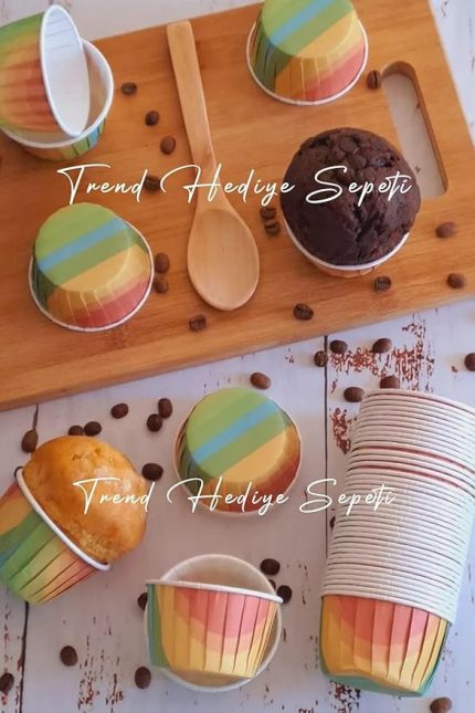 Hediye Sepeti 50'li Gökkuşağı Muffin Kek Kalıbı, Kek Kapsülü Cupcake Kalıbı, Airfryer Uyumlu