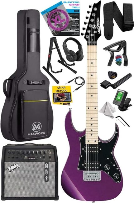 DE-150PU-50AMP Maple Klavye HH Yüksek Kaliteli 50W Amfili Elektro Gitar Seti