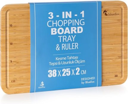 3'ü 1 Arada Bambu Kesme Tahtası: Doğrama Tahtası, Kesim Cetveli ve Tepsi Fonksiyonlarıyla Mutfakta Pratik Çözüm,Su Oluklu, Bıçak Dostu, Neme Dayanıklı Yüzey, 38x25 cm