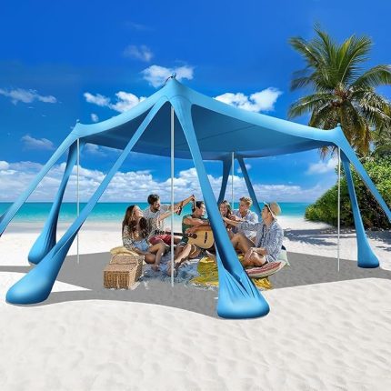 Plaj Gölgelik Tente Deniz Çadırı, Sahil Plaj Gölgeliği Kanopy, UPF50 Güneş Koruma, Açık Hava Deniz Şemsiyesi Tente Gölgelik Aile Kampı Balık Piknik için Gölgelik, 300x300cm Açık Mavi