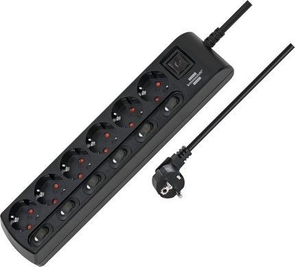6 Anahtarlı 6 Soketli Güç Şeridi Priz 2 Metre Siyah