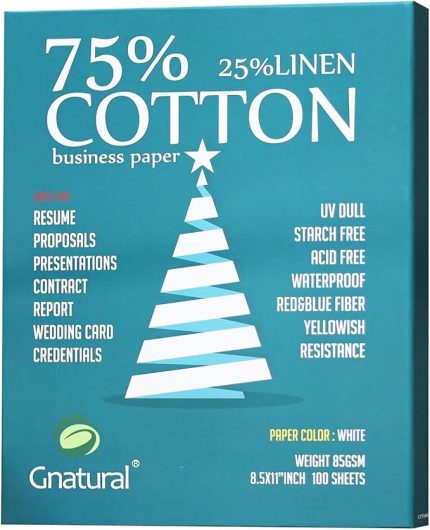 %75 Pamuk %25 Keten Kağıt, 85gsm Mürekkep Püskürtmeli Lazer Baskı Kağıdı, A4 210 * 297 mm Beyaz Renk, 100 Yaprak Su Geçirmez Pamuklu Kağıt