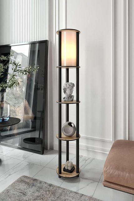 Yuvarlak Lambader – Meşe Renkli Modern Ahşap Gövde, Yumuşak Aydınlatmalı Yuvarlak Abajur Tasarımı, E27 Duy Uyumlu, LED Ampul ile Kullanılabilir, Kolay Kurulumlu Dekoratif Lamba