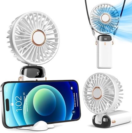 Taşınabilir el vantilatörü, pille çalışan fan, tabanlı, 8 saat, dijital ekran, 5 hız, 90° ayarlanabilir, şarj edilebilir mini fan, dış mekan, iç mekan için beyaz