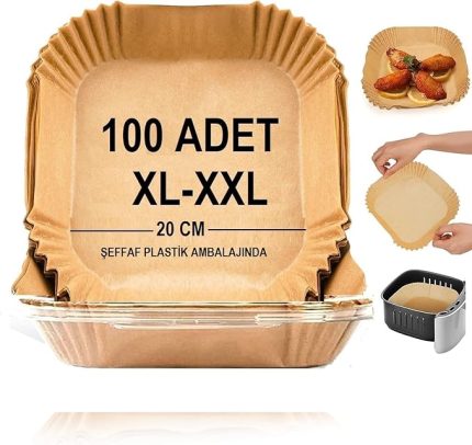 Pişirme Kağıdı,Xl-Xxl Büyük Boy, Kare, 100 Adet Hava Fritöz Parşömen Fırın Kağıdı Tek Kullanımlık Kağıt Fırın Fritöz Pişirme Kızartma Tavası Için Uygun 20CM