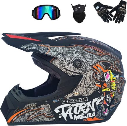 Tam Yüz MTB Kask Eldiven Maske Kask, Motosiklet Motokros Yetişkin Kask seti Motosiklet arazi Kaza Kask Koruyucu Ekipman DOT Sertifikalı, (Black, L)