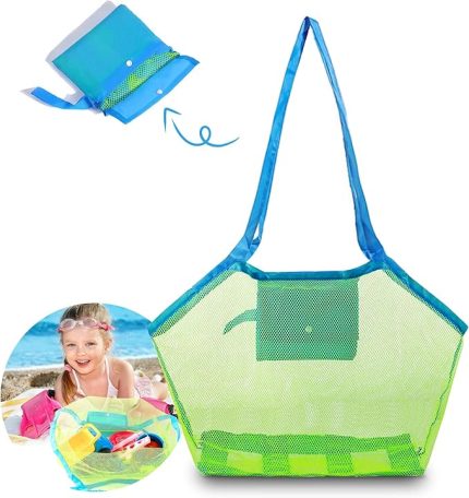 oyuncağı çantası, büyük kum oyuncağı, file çanta, file çanta, plaj oyuncakları için saklama çantası, tekrar kullanılabilir, katlanabilir, su oyuncağı tatil için (1)